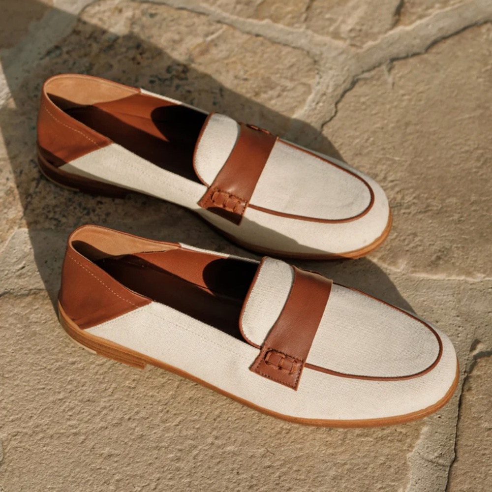 Jenni Kayne Canvas Loafer, Ivory and Leather, Size 38